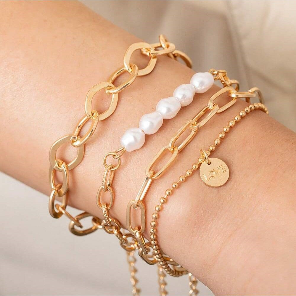3-piece golden pearl bracelet set - great chain set
