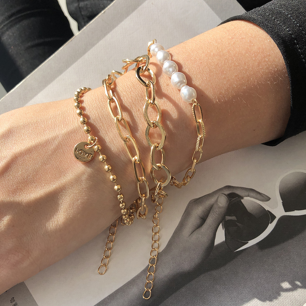 3-piece golden pearl bracelet set - great chain set