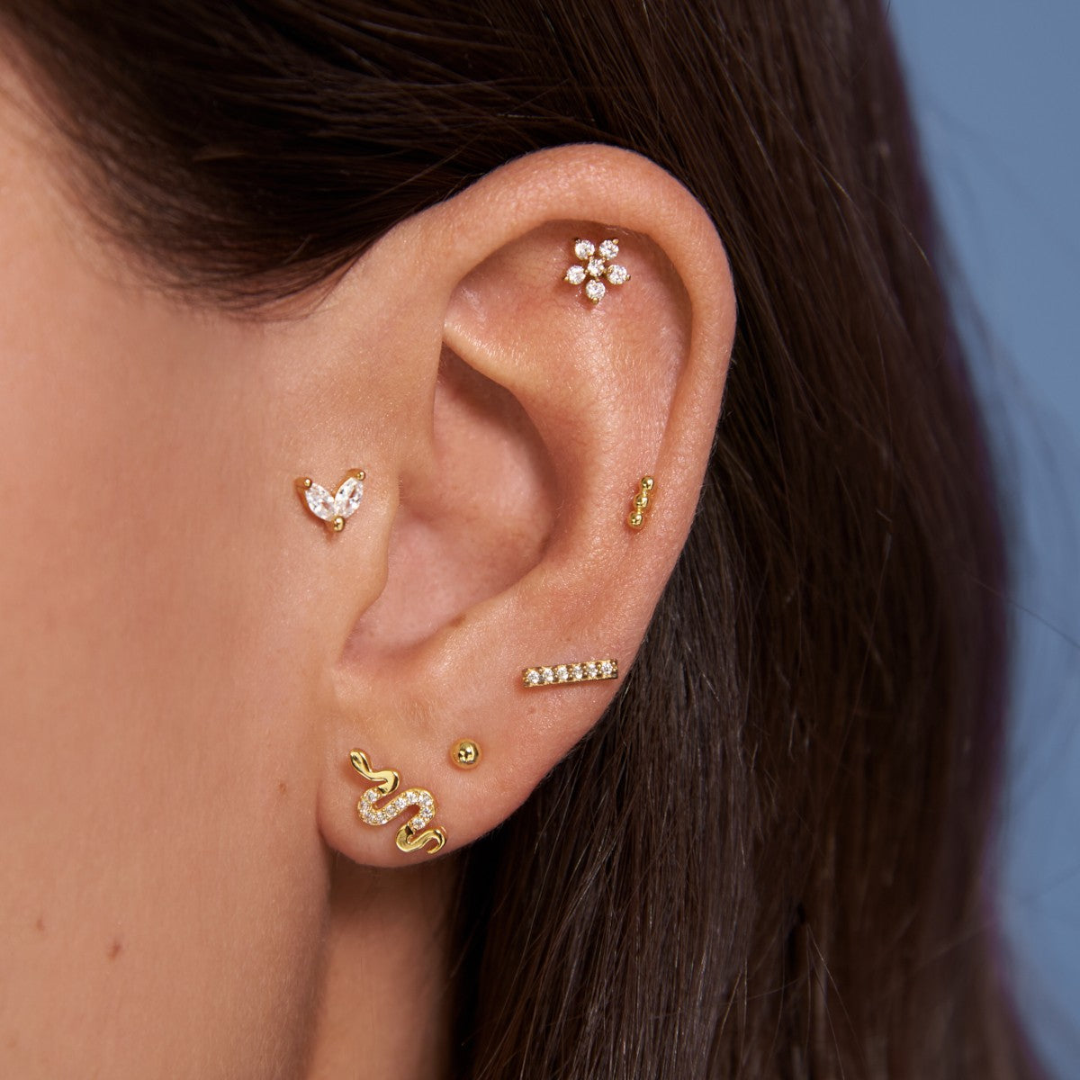 Women's Floral Piercing with Round Gem Setting and Screw Ball Closure