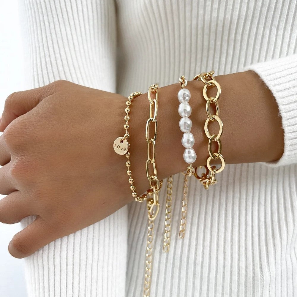 3-piece golden pearl bracelet set - great chain set