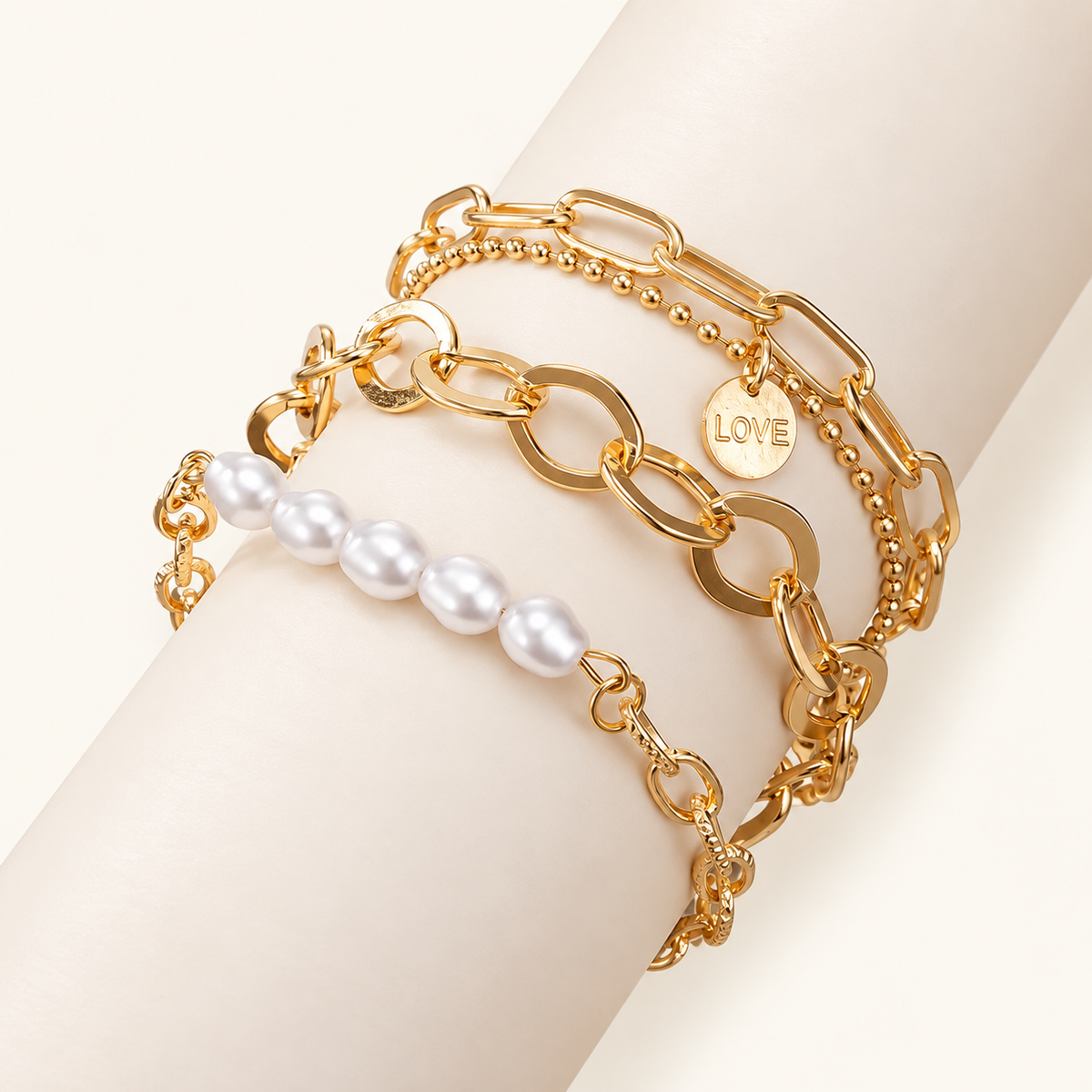 3-piece golden pearl bracelet set - great chain set