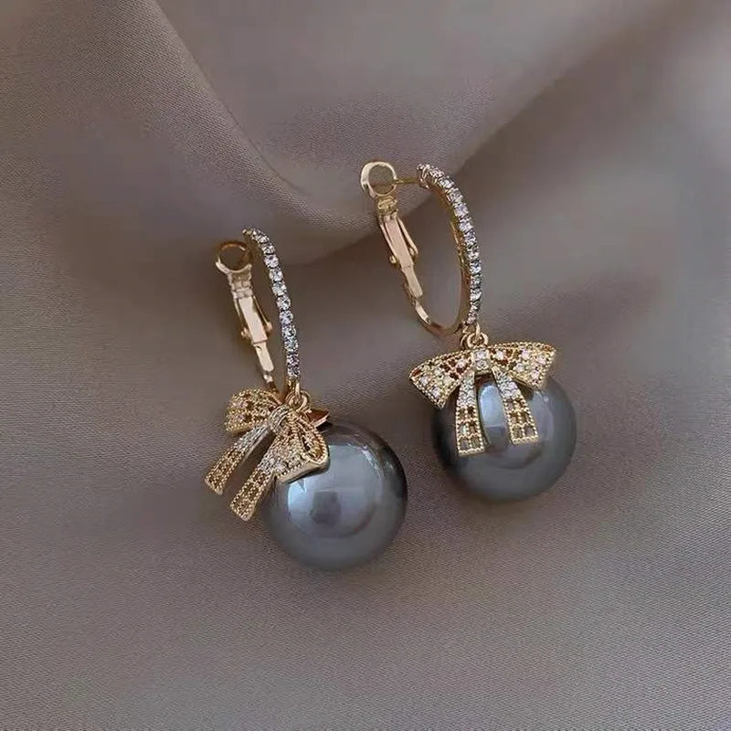 Women's Earrings Featuring a Christmas Ball Design, Bow and Gemstone Accents