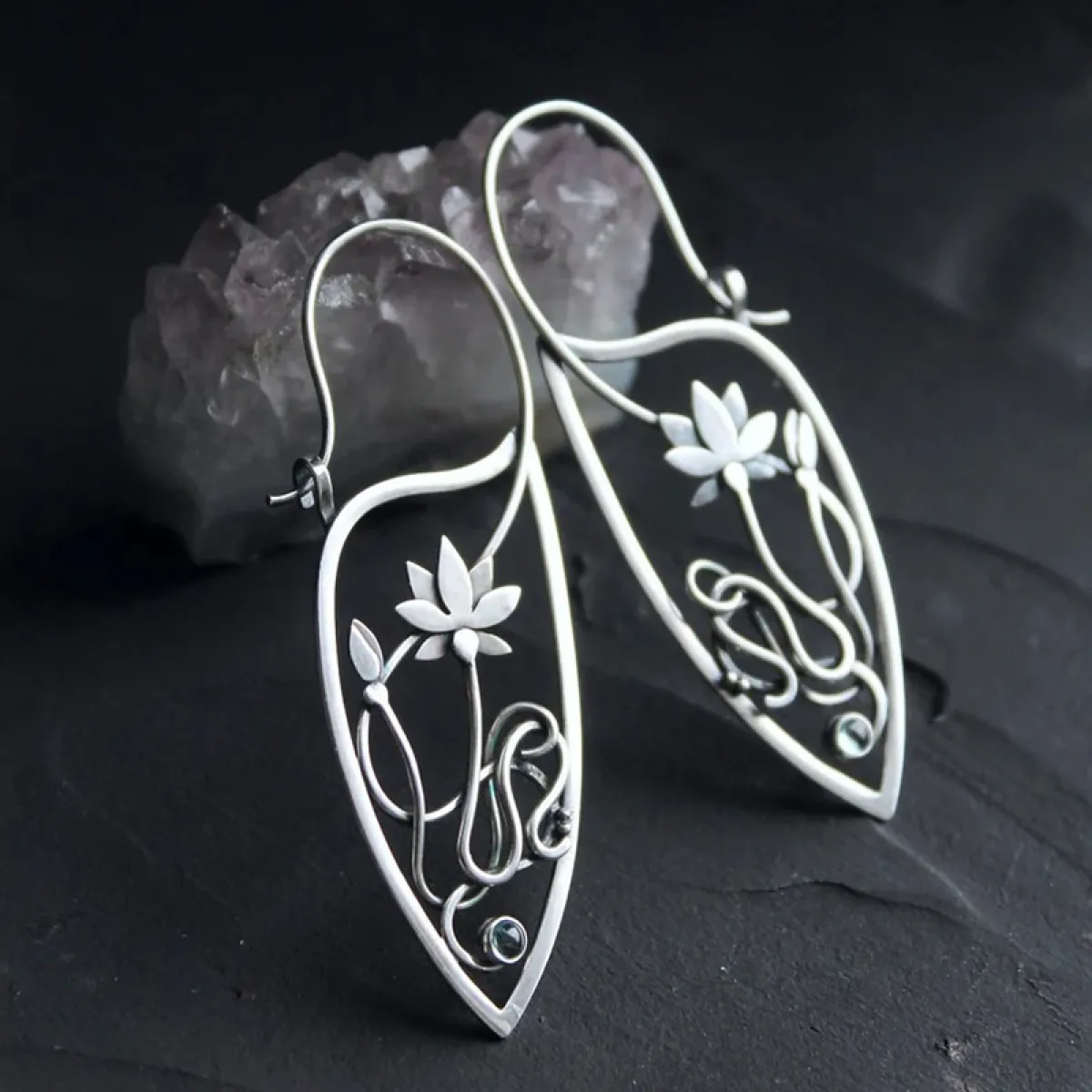 Women's Drop Earrings Showcasing Lotus Flower and Leaf-Inspired Frame with Stylish Line Design