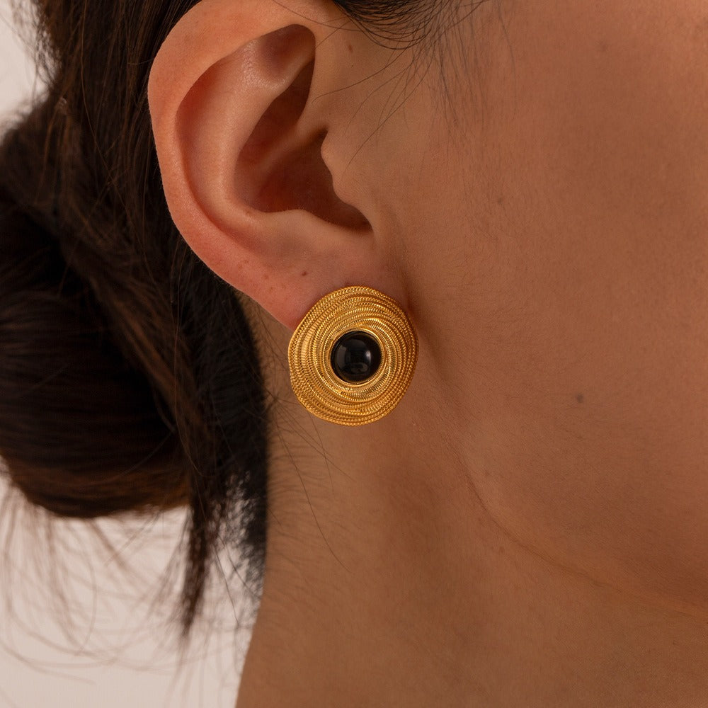 Carrie – Gold hoops with black onyx